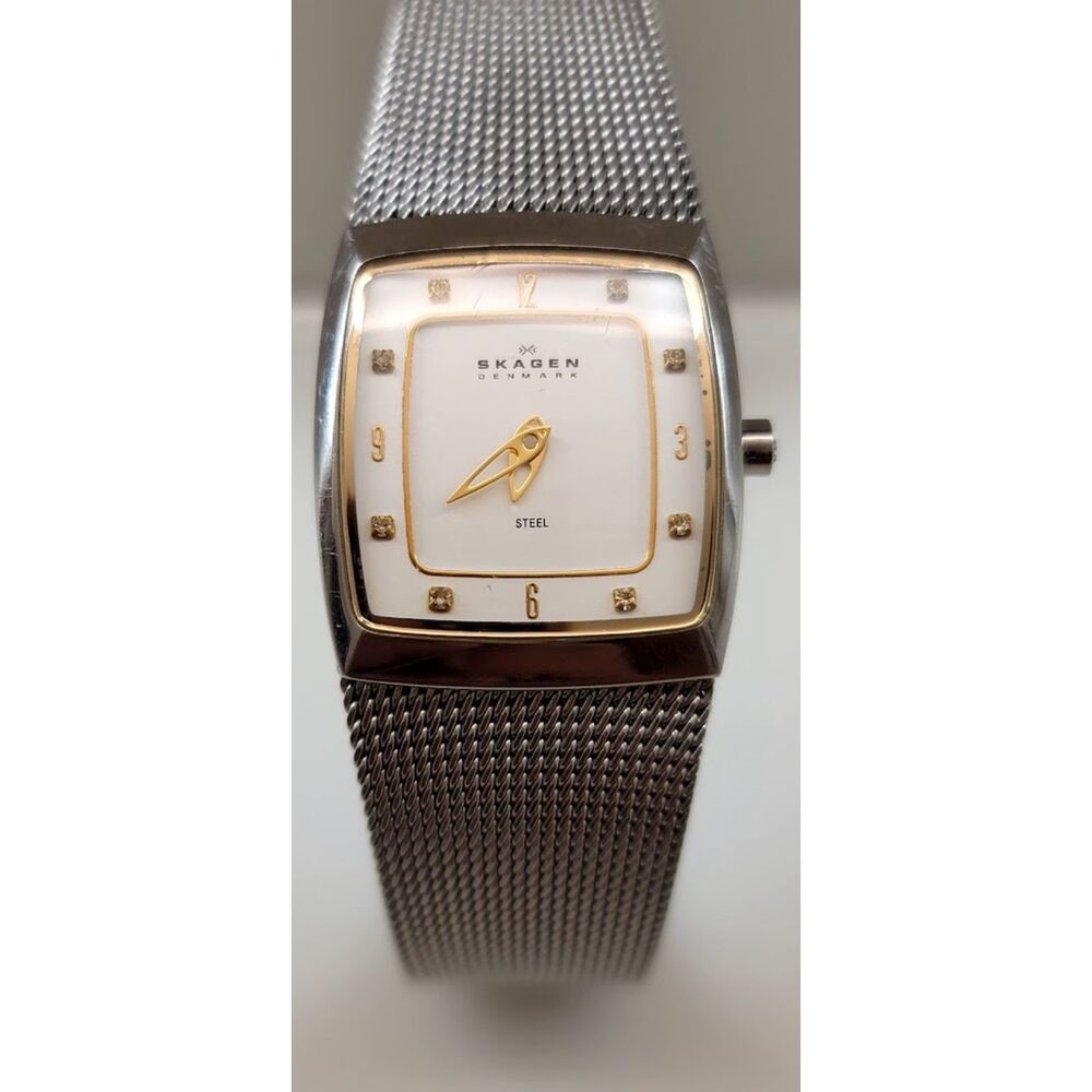 Skagen Denmark 380XSGS1 Silver Gold Mesh Crystal Quartz Dress Watch Women 21mm